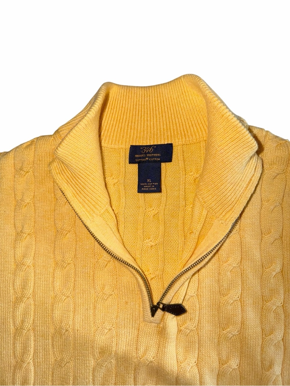 Brooks Brothers 346 Men’s Quarter Zip Cable Knit Sweater Yellow Supima Cotton XL - Picture 2 of 4